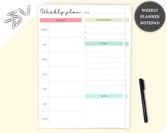 Weekly Planner Notepad, Desk Pad Planner, A4 or A5 Tearable Pad, Daily Day Organiser, Top Priorities, To-Do List, Notes