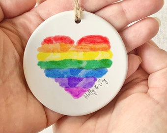 Personalised Rainbow Heart Keepsake Decoration, Hanging Ceramic Keepsake Gift, China Rainbow Gift, Pride Ornament, LGBTQ+ Keepsake