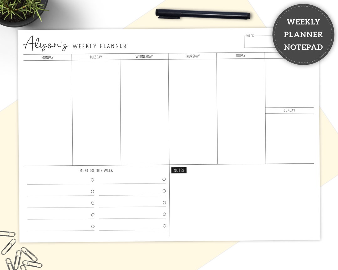 Personalised Weekly Planner Notepad, Desk Planner Pad, A4 or A5