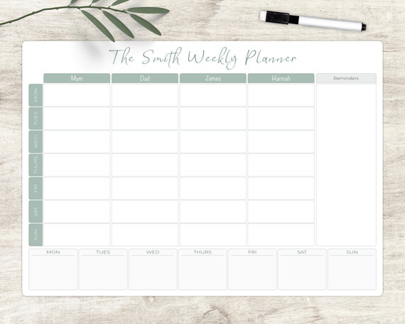 Personalised Family Planner Whiteboard, A3 Weekly Family Dry Wipe