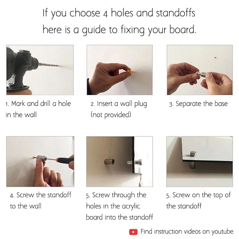 May include: Step-by-step guide for installing a board with standoffs. Instructions include marking and drilling a hole, inserting a wall plug, separating the base, screwing the standoff to the wall, and attaching the board. Text reads: "If you choose 4 holes and standoffs here is a guide to fixing your board."