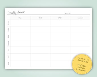 Personalised Dry wipe Whiteboard Weekly Family Planner. Various colours available.