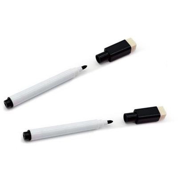 Black dry wipe pen with built in eraser in the lid, includes self adhesive clip.