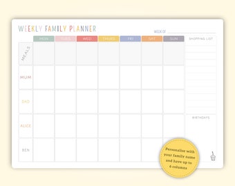 A3 Personalised dry wipe whiteboard weekly family organiser/planner. Meal, Shopping List and birthday sections included.