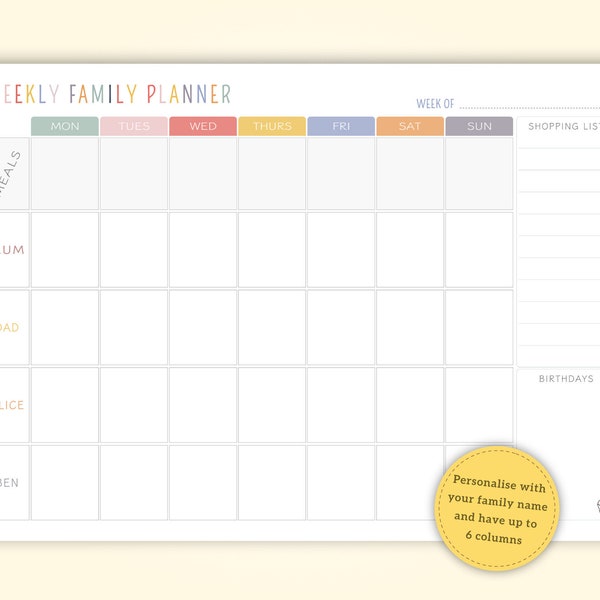 Agenda familial/agenda familial hebdomadaire personnalisé pour tableau A3 effaçable à sec. Sections repas, liste de courses et anniversaire incluses.