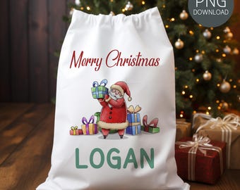 May include: A white fabric gift sack featuring a red script Merry Christmas heading, a watercolor illustration of Santa Claus holding a green gift box surrounded by colorful presents, and the name LOGAN printed in large green capital letters.