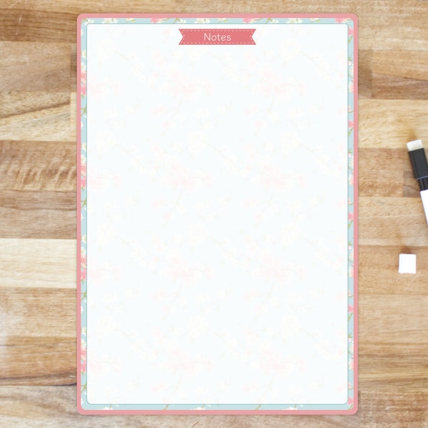 Personalised floral Memo, family notes Dry Erase Whiteboard. Reusable memo board with free dry wipe pen.