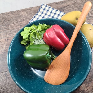 May include: A deep teal speckled enamel bowl containing a red bell pepper, a green bell pepper, and a bunch of green parsley. A long, smooth wooden spatula rests inside the bowl, angled diagonally across the interior surface of the basin.