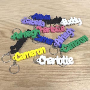 May include: A collection of colourful 3D-printed plastic keychains featuring various names including Alexa, Isabella, Buddy, Ashegh, Charlotte, Cameron, and Arheg. Each keychain is attached to a silver metal split ring and comes in colours like blue, black, white, purple, pink, green, and yellow.