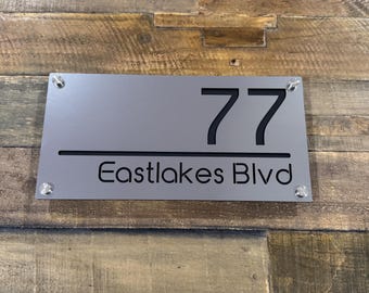 Brushed Silver Acrylic House Number Street Name Sign – Modern 2 Layer Address Plaque – Outdoor Door Sign with Stainless Steel Standoffs