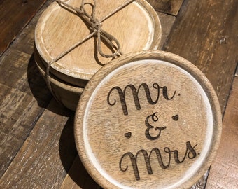 Mr & Mrs Mango Wood Laser Engraved Coasters - Personalised | Single Coaster / Sets | Personalized Engraving - Wedding - Engagement