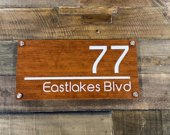 Timber Wood Look Acrylic House Number Street Name Sign – Modern 2 Layer Address Plaque – Outdoor Door Sign with Stainless Steel Standoffs