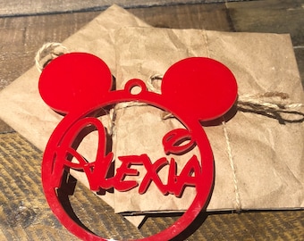 Personalised Mickey & Minnie Mouse Christmas Bauble Ornament - Disney Inspired Font - Custom Name | Christmas Holiday Decoration