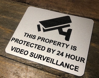 Property Protected by 24 Hour CCTV Video Surveillance - Engraved Plaque Adhesive Sign - Front Door / Letterbox / Mail / Post