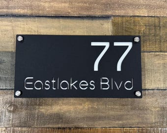 Custom Black Acrylic House Number Sign with Street Name – Modern 2-Layer Address Plaque – Outdoor Door Sign with Stainless Steel Standoffs