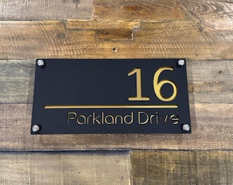 Custom Black Acrylic House Number Sign with Street Name – Modern 2-Layer Address Plaque – Outdoor Door Sign with Stainless Steel Standoffs