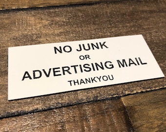No Junk or Advertising Mail - Thankyou - Engraved Plaque Adhesive Sign - Front Door / Letterbox / Mail / Post