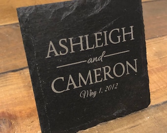 Custom Personalised Natural Slate Laser Engraved Monogram Coasters | Single Coaster & Sets | Personalized Engraving - Wedding - Engagement