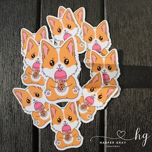 Corgi with Boba Sticker – Cute Aesthetic Boba Tea Dog Vinyl Decal for Laptops, Water Bottles & Journals