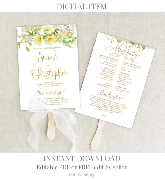 Greenery And Gold Wedding Program Template Printable Fan Etsy