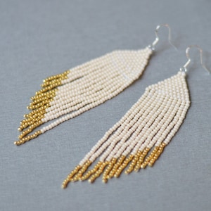 Long bead earrings, party jewelry, bridal fringe earrings,  Beige tassel fringe earrings