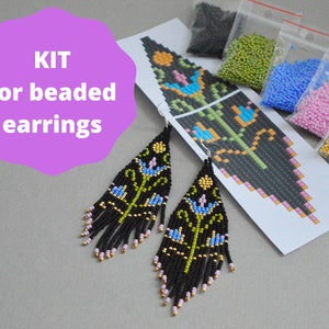 DIY beaded earrings Kit | For beginner pattern fringe flower earrings kit | beadwaving seed bead kit | crafter gift