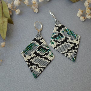 Snake skin beaded earrings, Geometric oversize Jewelry, Edgy earrings, Big snake dangles