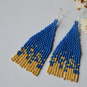 Elegant blue and gold beaded fringe earrings,  Long tassel earrings, boho summer jewelry