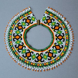 Seed bead Huichol tribal collar, geometric boho necklace, modern bead necklace