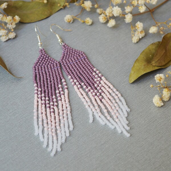 Purple beaded tassel earrings Lilac ombre earrings Violet huichol jewelry