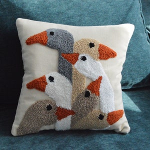 Goose pillow cover for home, Stuffed goose gray and white, Hand tufted pillow cover, cotton throw pillow