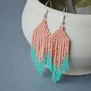 Peach turquoise Beaded fringe earrings, bead earrings, seed bead earrings, dangle earrings, long beaded earrings