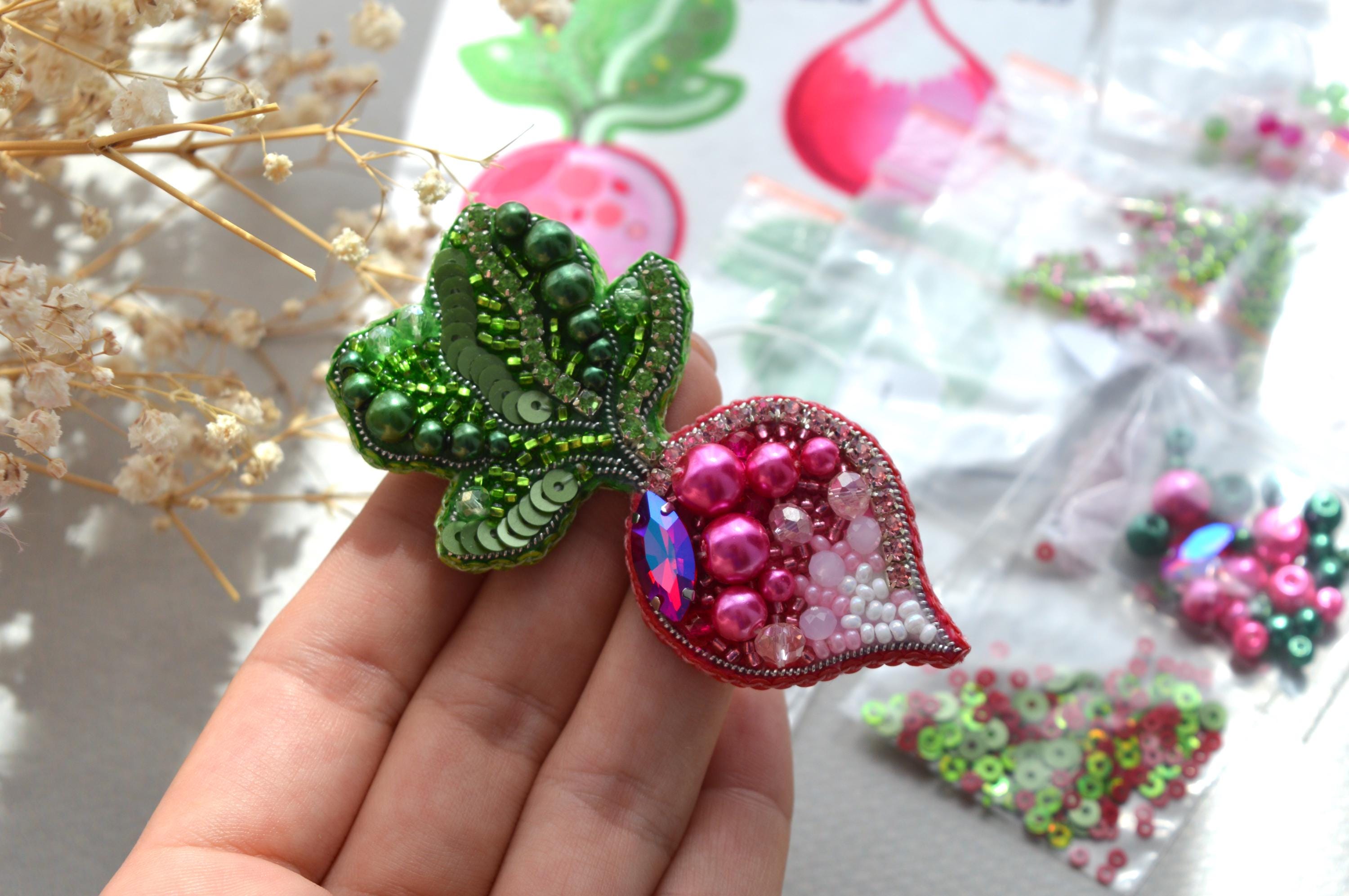 Seed Beaded Brooch Pink Radish DIY Kit | DIY Jewelry Making Kit ...