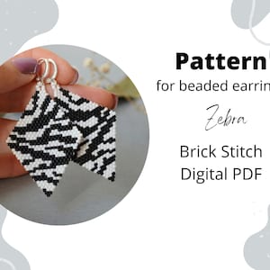 May include: Black and white beaded earrings with a zebra pattern. The earrings are diamond-shaped and feature a brick stitch design. The image also includes the text "Pattern for beaded earrings Zebra Brick Stitch Digital PDF."