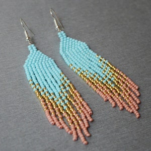 Turquoise and gold fringe earrings, dangle earrings, long beaded earrings,