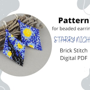 May include: A digital PDF pattern for beaded earrings, featuring a starry night design in blue, yellow, and black. The pattern is for brick stitch and is titled "Starry Night".