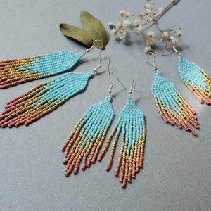 Turquoise and gold native beaded fringe earrings,  gift for bridesmaid,  Burning man earrings