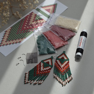 Green Red Beaded Earring Kit | Woven Seed Bead Earring Kit | Fringe Earrings | crafter gift