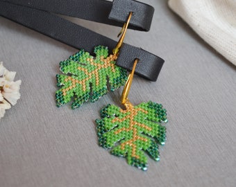 Monstera Leaves Beaded Earrings, Botanical Green Jewelry, Bohemian Earrings