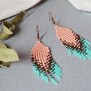 Turquoise beaded tassel earrings, seed bead earrings, fringe earrings, Peachy ombre boho earrings