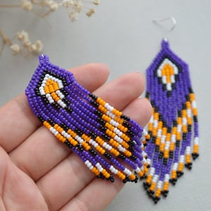 Handgewebte Violet Gelb Perlen Ohrringe Kit | Lange Ohrringe Muster | Boho Fransen Schmuck DIY Kit | Rocailles Perlenset | Handwerker Geschenk
