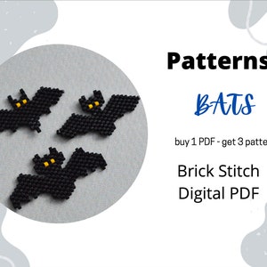 Op de afbeelding: Drie zwarte kralenpatronen van vleermuizen met gele ogen. De patronen zijn voor steeksteek en zijn beschikbaar als digitale PDF-download. De tekst op de afbeelding luidt "Patterns BATS buy 1 PDF - get 3 patterns Brick Stitch Digital PDF".