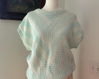 Vintage 80's Mint & White Knit Sleeveless Sweater Vest