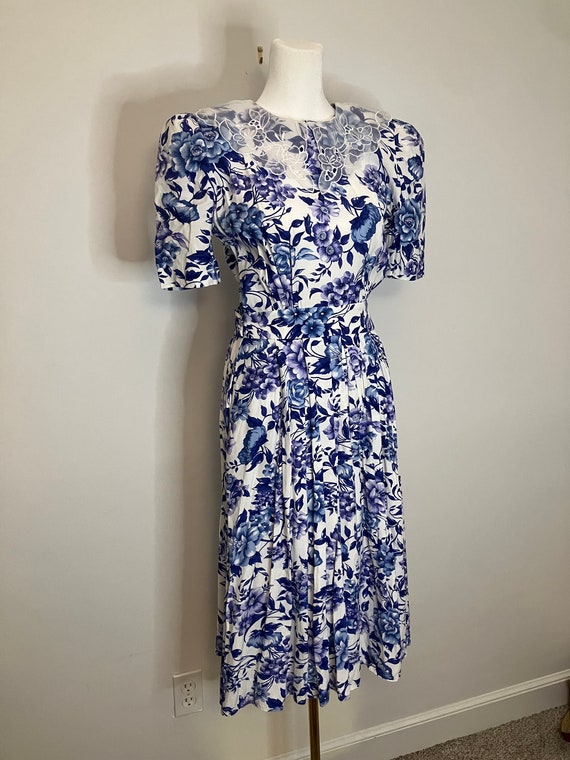 Vintage Blue, White  & Purple Floral Dress