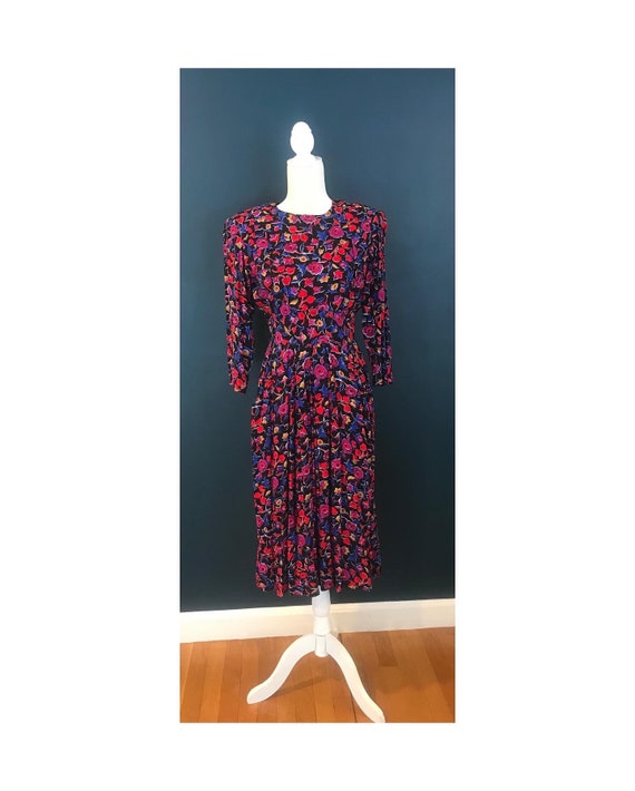 Vintage 80's Jewel Toned Floral Dress-6P - image 1