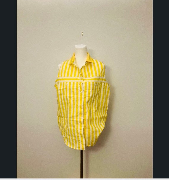 Vintage 80’s Sunshine Stripe Sleeveless Button up… - image 1