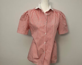 Vintage Red vertical striped button up with puff sleeve
