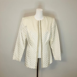 Vintage 80&#39;s Beaded/Embellished Ivory Checkered Jacket- Made in USA