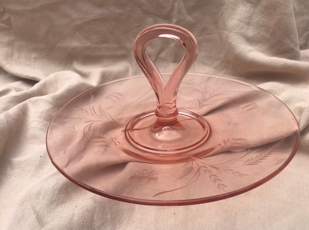 Vintage Pink Depression Glass Platter With Handle With Etched Etsy