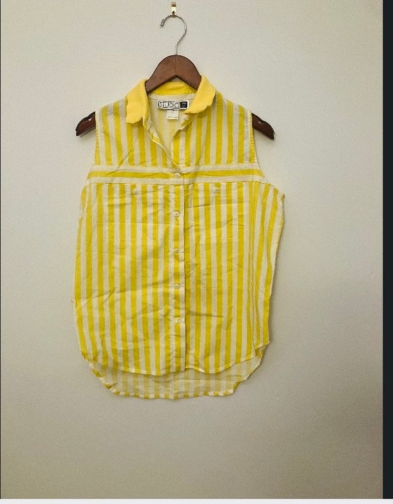 Vintage 80’s Sunshine Stripe Sleeveless Button up… - image 3